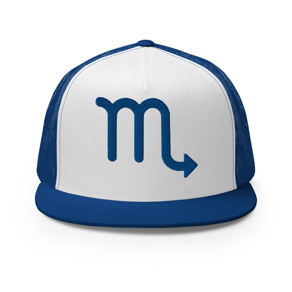 Scorpio Zodiac Embroidered Flat Bill Trucker Hat - Blue/White/Blue Color - https://ascensionemporium.net